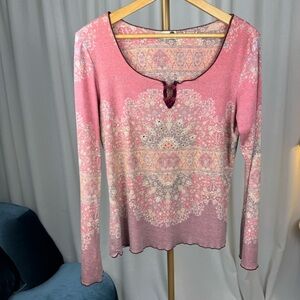 Vintage Y2K/90s Rhinestone Mandala Boho Longsleeve with Keyhole sz Large